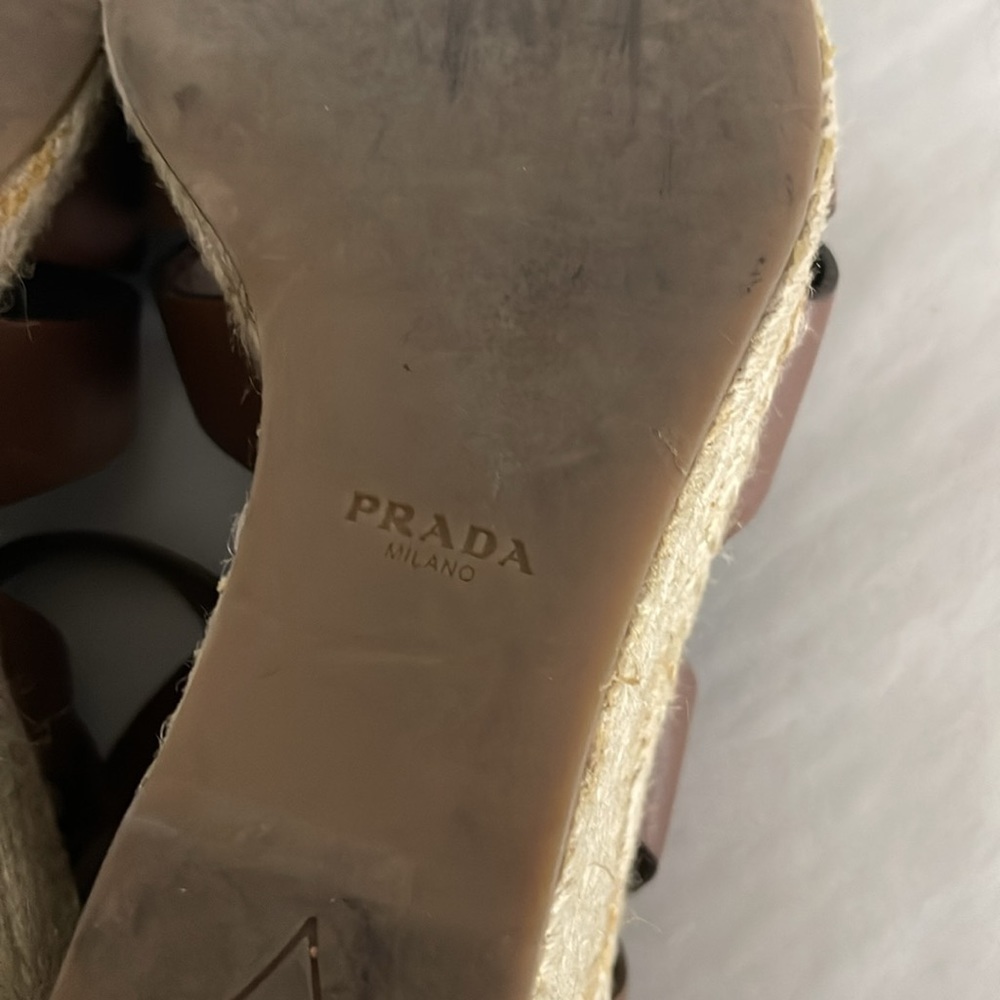 Prada Rony Brown Leather Strappy Espadrille Wedge Sandals Size 39 US 8.5 - Picture 9 of 9